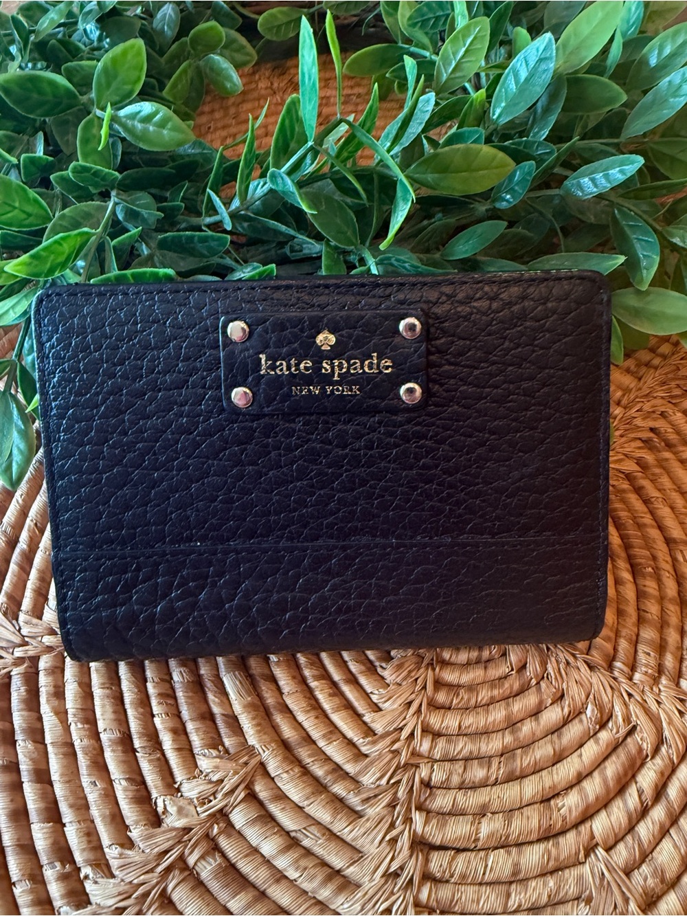 kate spade Black Pebbled Leather Compact  Wallet with Gold Logo